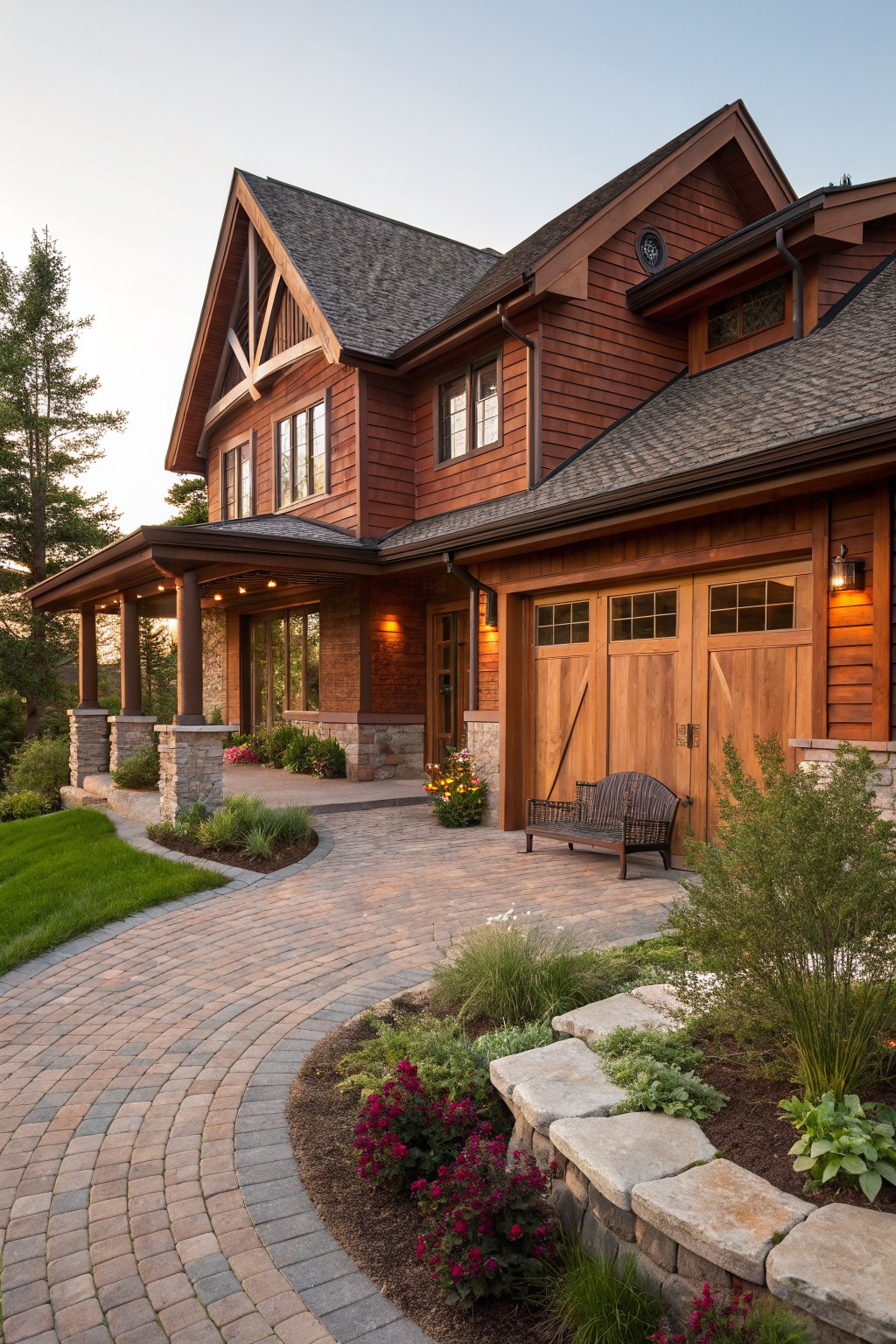 Two-story house with reddish-brown wood shingle siding, stone foundation and pillars, timber-framed covered porch, wooden garage doors with glass panels, curved paver pathway, and surrounding landscaping.