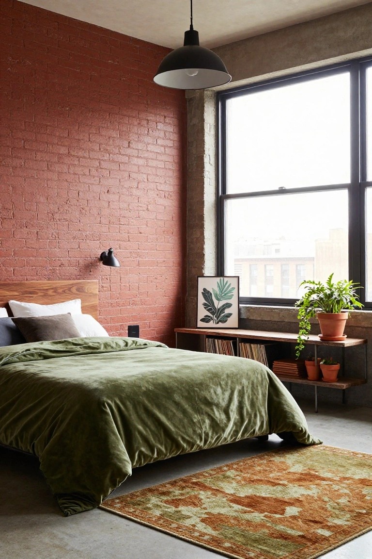 Bedroom with exposed red brick walls, wooden bed frame topped with green velvet duvet and pillows, wall shelf holding records books and potted plants, black wall lamp, pendant light, and large window.