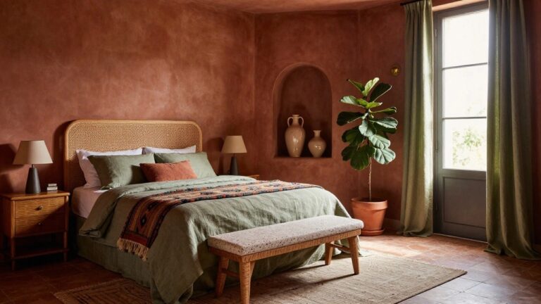 Bedroom interior with textured terracotta plaster walls, wooden beam ceiling, rattan headboard bed dressed in white sheets green pillows and quilt with woven throw, wooden nightstands with lamps, arched niche with vase, potted fiddle leaf fig plant near window with beige curtains, and terracotta tile floor with stone bench at bed foot.