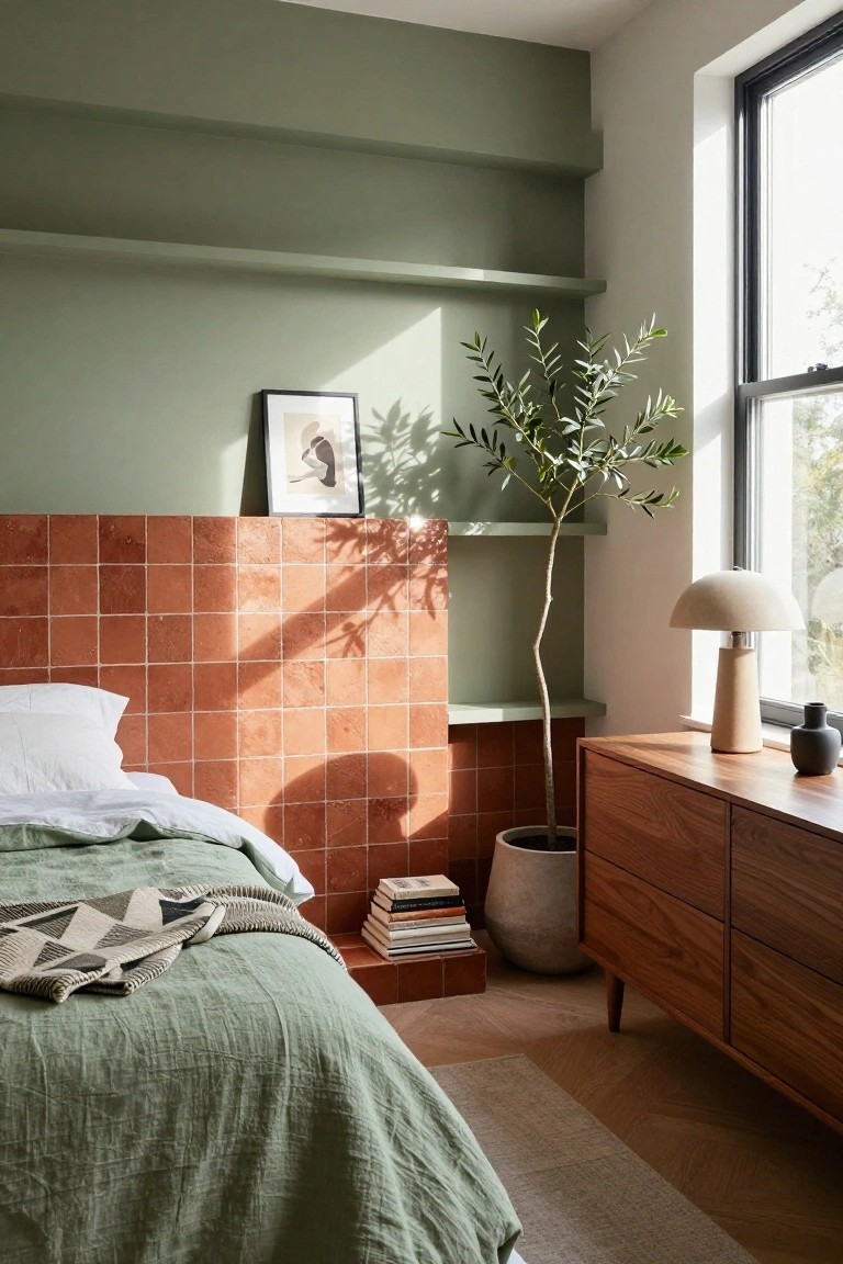 Bedroom with sage green walls and built-in shelves, terracotta tiled headboard behind a bed with white pillows and green linens, wooden dresser, beige lamp, olive tree in white pot, and large window with natural light.