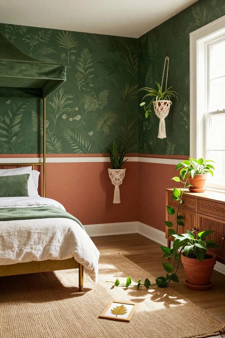 Bedroom corner with emerald green palm leaf wallpaper on upper walls, terracotta paint on lower walls separated by white trim, green velvet canopy on brass four-poster bed with white and green bedding, multiple potted and hanging plants, wooden dresser, and jute rug on hardwood floor.