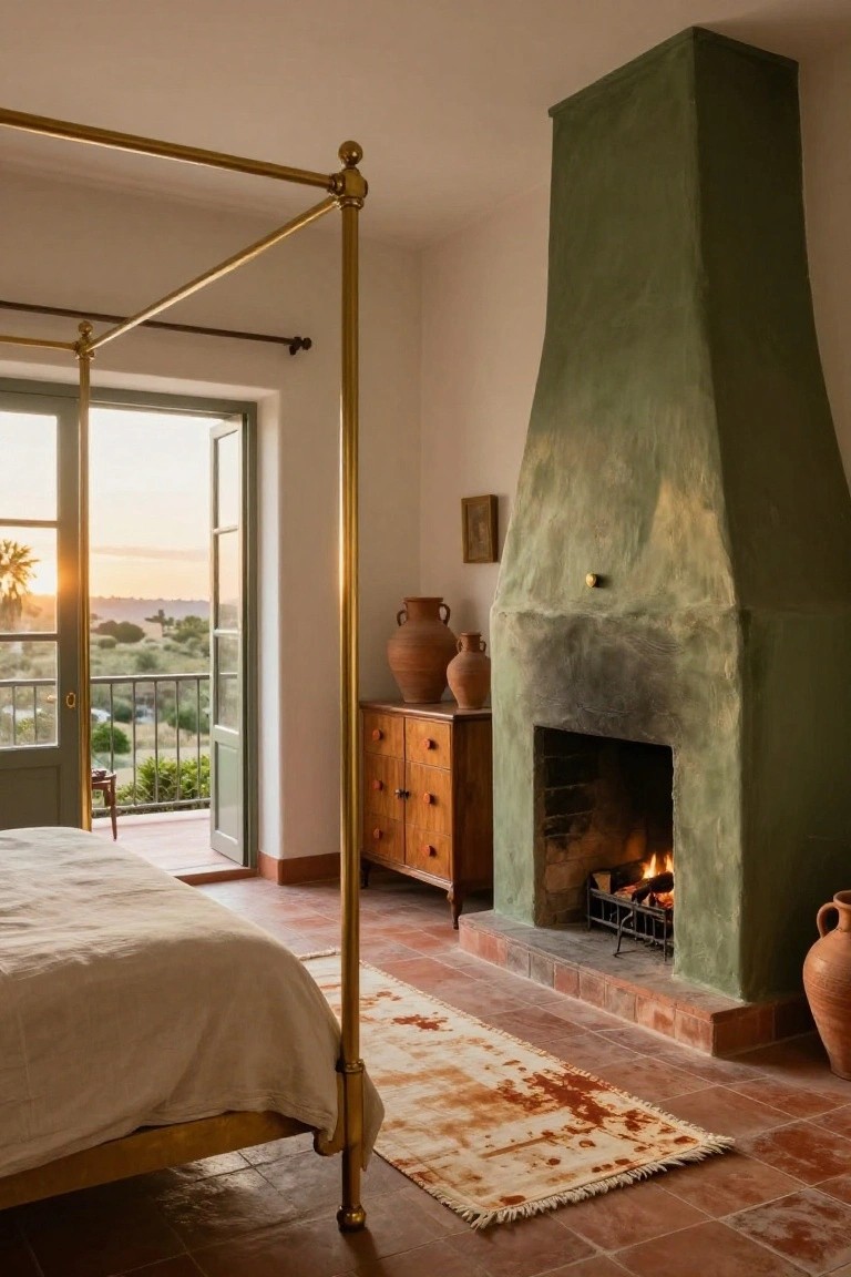 Bedroom interior with tall green stucco chimney fireplace containing a fire, gold four-poster bed on terracotta tile floor, wooden dresser with terracotta pots, open green French doors to balcony overlooking landscape at sunset.