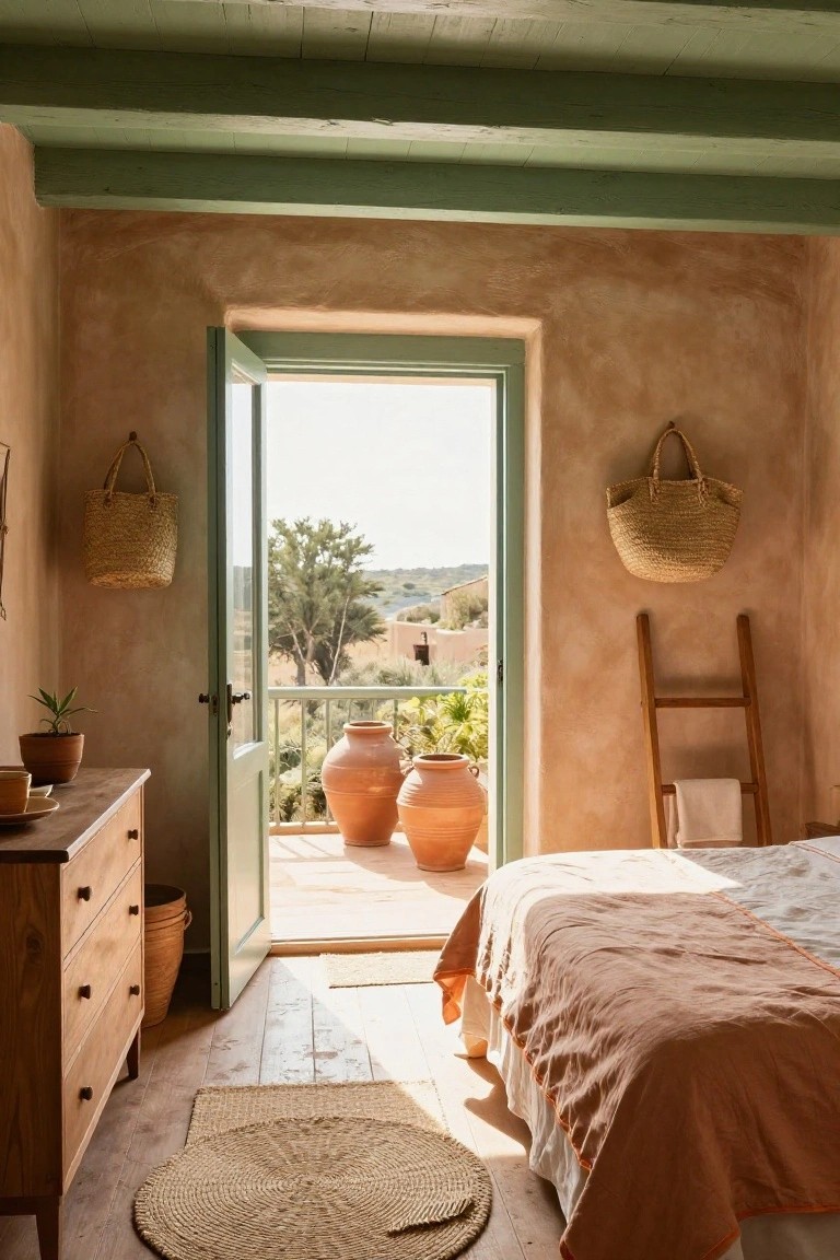 Sunlit bedroom with terracotta plaster walls, open green wooden door to balcony overlooking hills and trees, wooden dresser and bed with terracotta linens, woven baskets on walls, and large terracotta pots on balcony.
