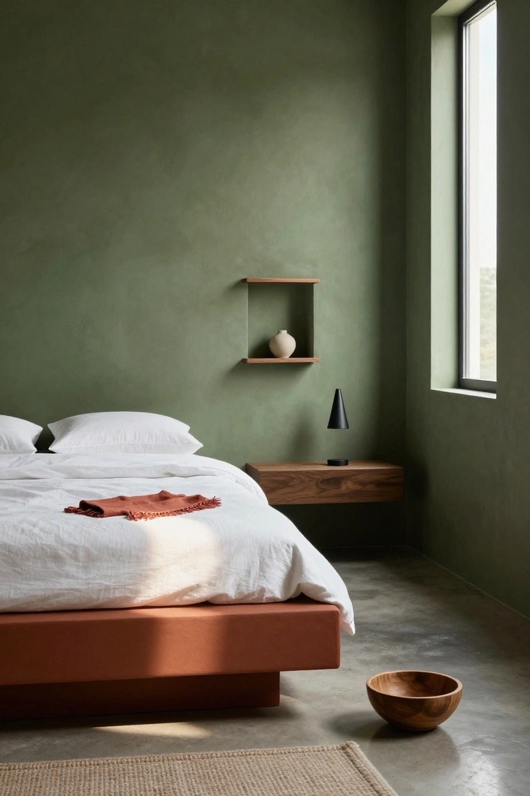 Bedroom interior featuring sage green textured walls, low terracotta platform bed with white linen bedding and orange throw, floating wooden nightstand with black conical lamp, wall-mounted wooden shelf holding white vase, wooden bowl on polished concrete floor, and beige rug in corner.