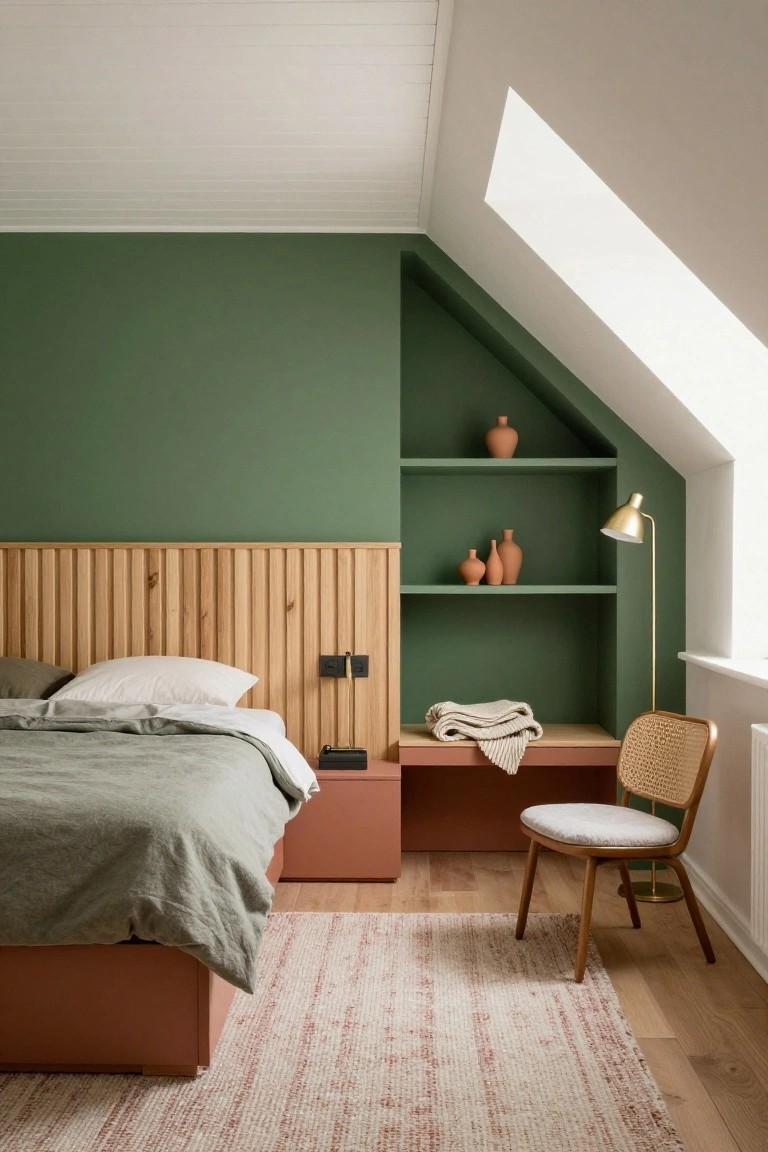 Bedroom interior with sage green walls, wooden slatted headboard, terracotta platform bed with built-in shelf and desk, rattan chair, beige throw blanket, and light rug on oak floors under sloped white ceiling with skylight.