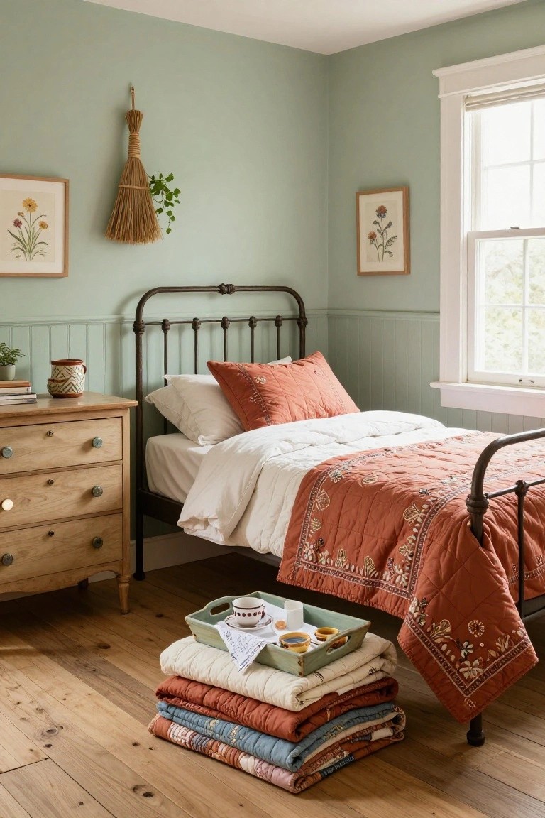 Sage green bedroom with black iron bed draped in terracotta quilt and white sheets, wooden dresser with ceramic pot, wall art and hanging broom plant, tray on floor, and stack of folded quilts beside the bed on hardwood floors.