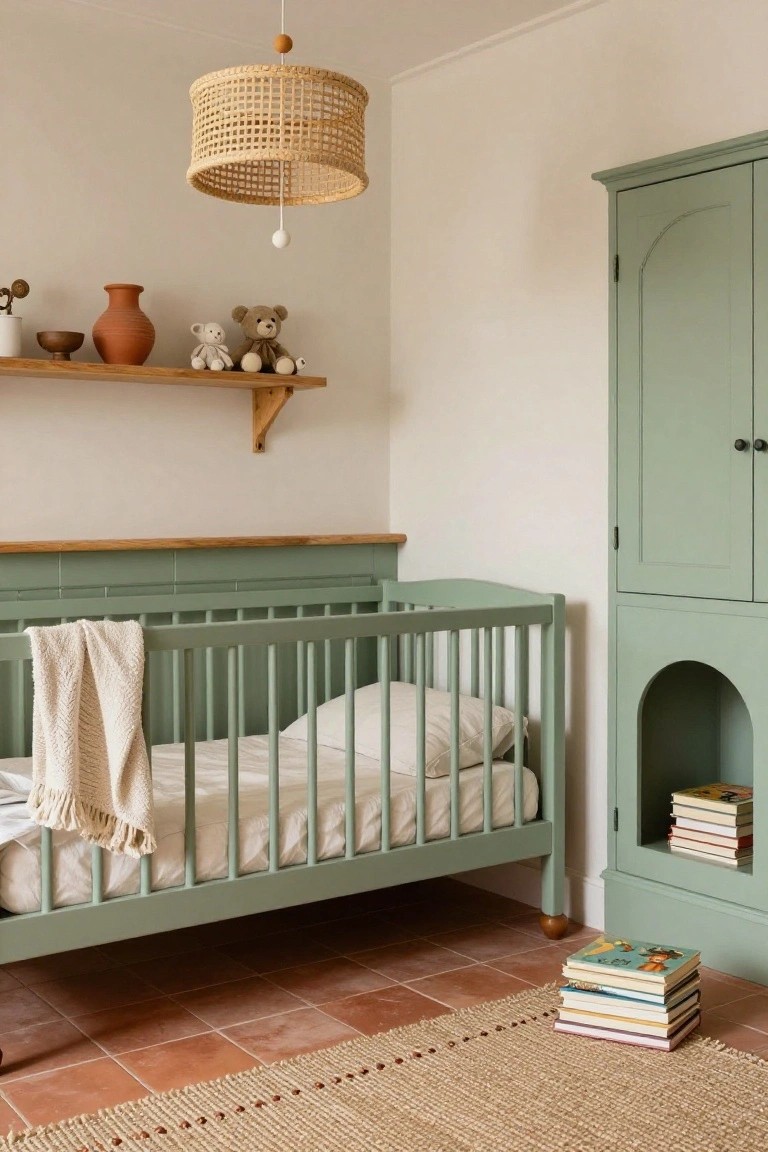 Sage green wooden crib with white bedding and fringed throw, matching arched wardrobe, rattan pendant light, and terracotta tile floor in a nursery with wood shelf holding ceramics and teddy bears.