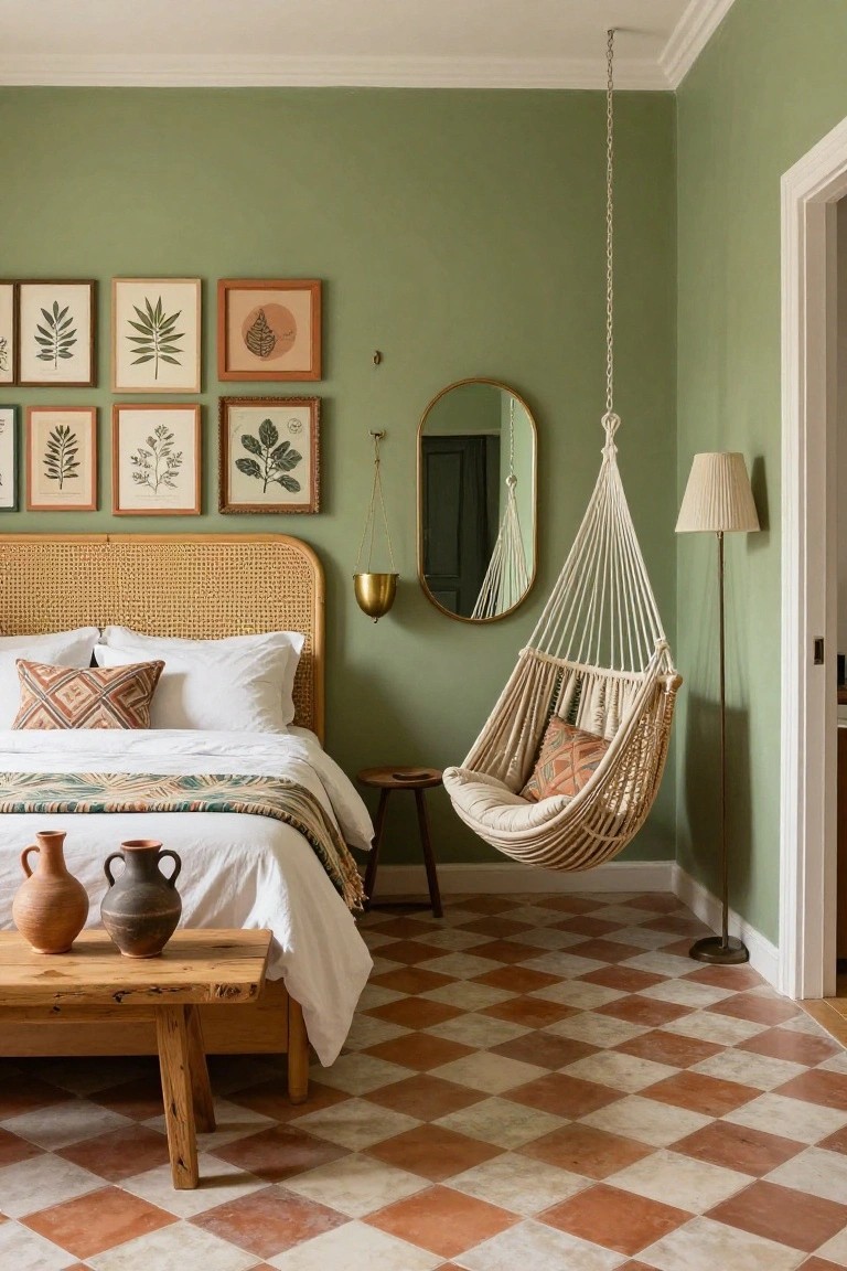 Bedroom with sage green walls, rattan headboard bed dressed in white linens and a multicolored throw, hanging white macrame swing chair with patterned cushions, framed botanical prints, brass hanging planter, wooden bench with terracotta pots, and white and terracotta checkered tile floor.