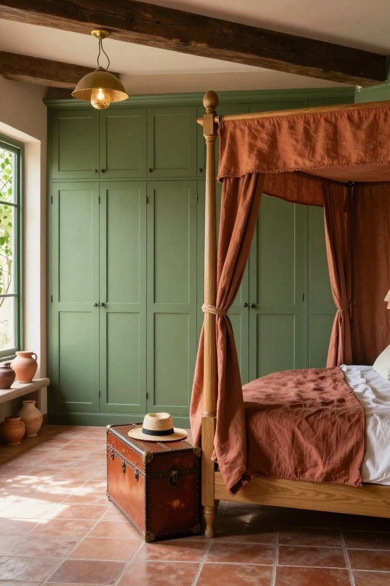 Bedroom interior with tall sage green paneled wardrobes, wooden four-poster bed with rust fabric canopy and linens, terracotta tile floor, wooden ceiling beams, brass pendant lamp, antique trunk, straw hat, and terracotta pots on a bench.