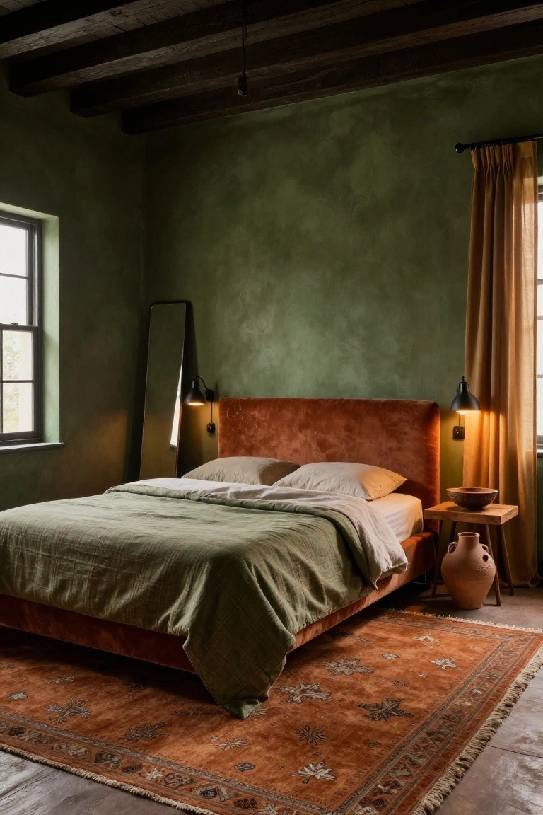 Bedroom with textured sage green walls, rust-colored velvet upholstered bed frame, green linen bedding, wooden side table holding terracotta pots, orange patterned rug, black wall lamps, and a full-length mirror.