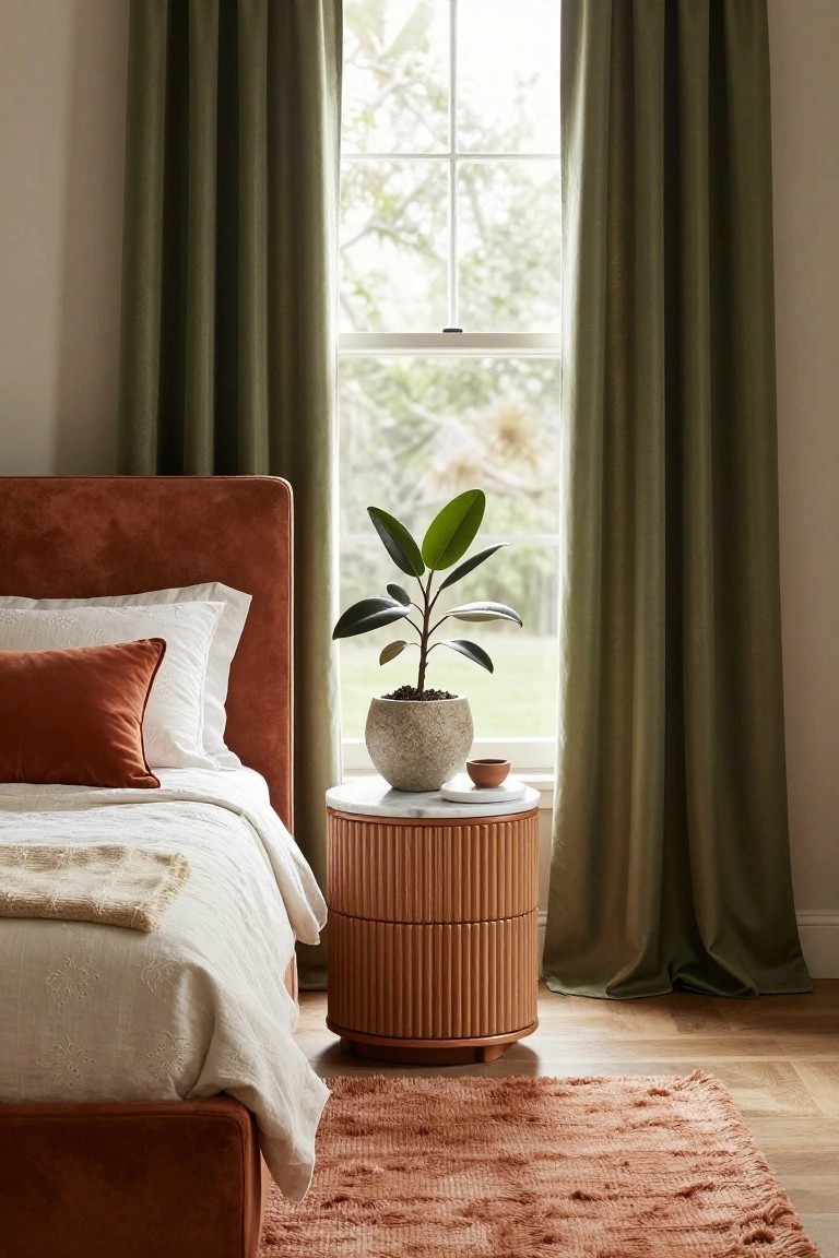 Bedroom interior showing a rust-colored velvet upholstered bed with white bedding and rust throw pillow, beside a fluted wooden nightstand holding a potted rubber plant and small bowl, next to sage green curtains on a large window overlooking greenery, with a shaggy rust rug on light wood floors.