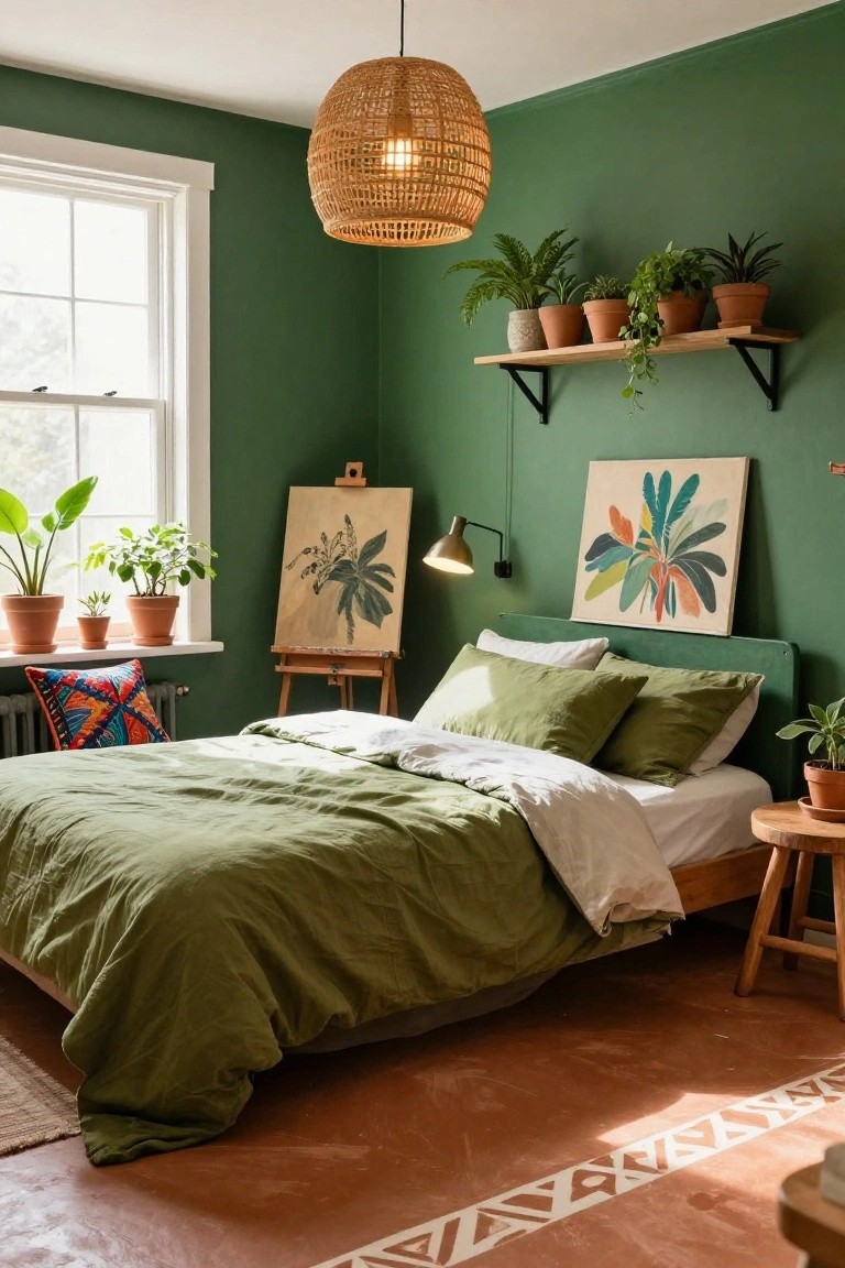 Bedroom featuring sage green walls, green upholstered headboard and bedding, multiple potted plants on shelves and windowsills, two wall artworks, an easel, woven pendant light, and terracotta tiled floor with geometric patterns.