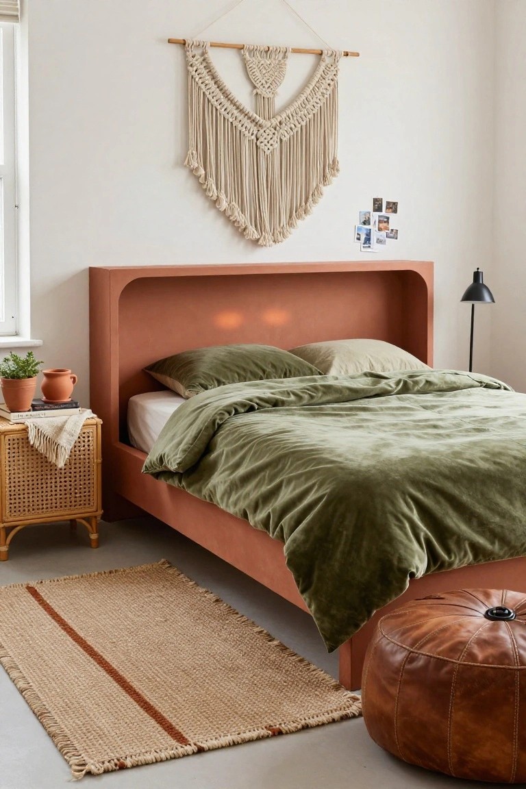 A bedroom with a curved terracotta headboard, green velvet duvet and pillows on the bed, rattan nightstand holding a potted plant and mug, macrame wall hanging, black arc lamp, seagrass rug, and tan leather pouf on a light floor.