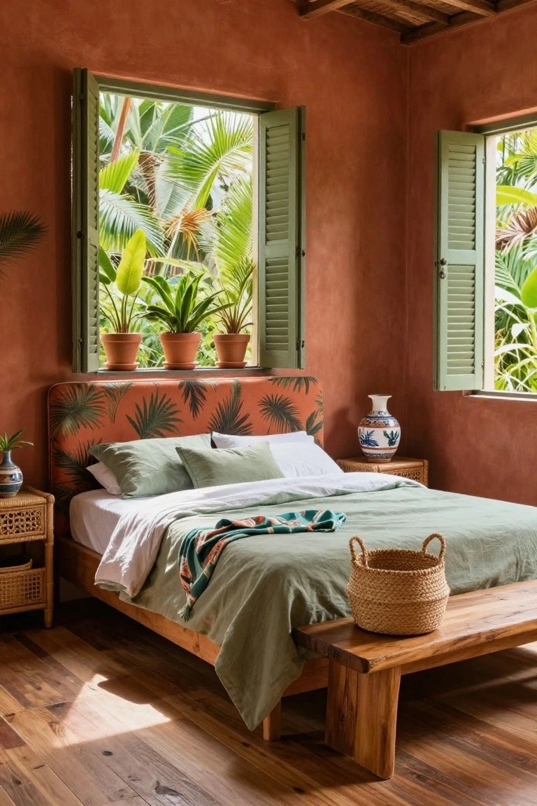 Bedroom with terracotta plaster walls, wooden platform bed topped with green linens and palm-patterned upholstered headboard, potted plants on windowsills, green shutters open to tropical plants outside, wooden nightstands and bench on wood floor.