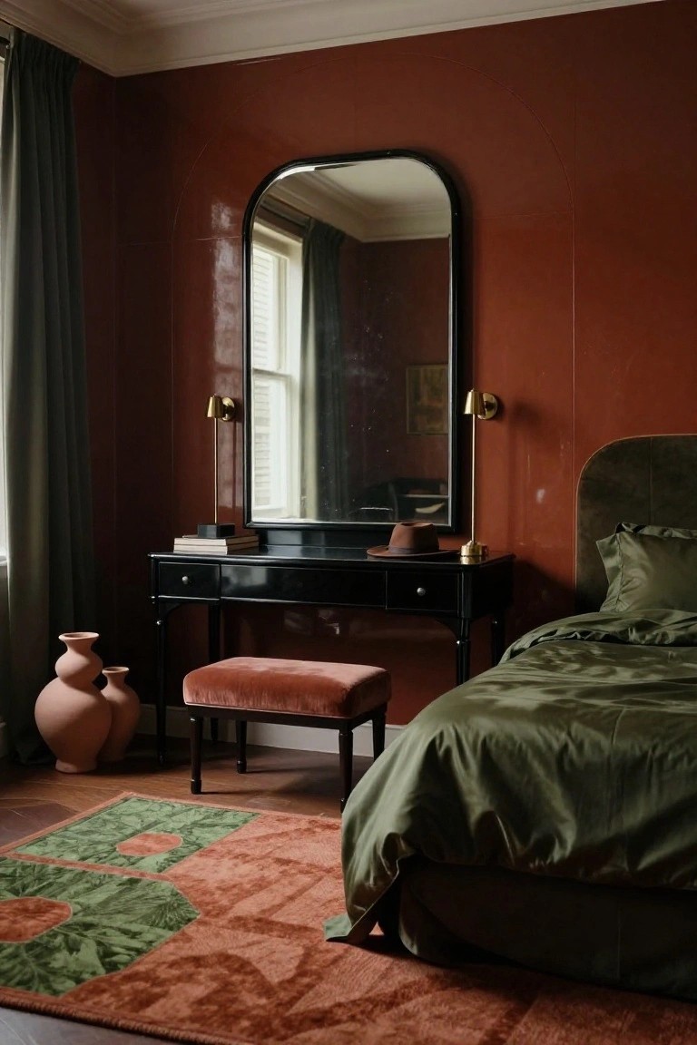 A bedroom with deep maroon terracotta walls, an arched black mirror over a black vanity table with books and a hat, green satin bedding on a green velvet tufted bed, pink upholstered stool, and paired terracotta vases on a wood floor beside an orange and green rug.
