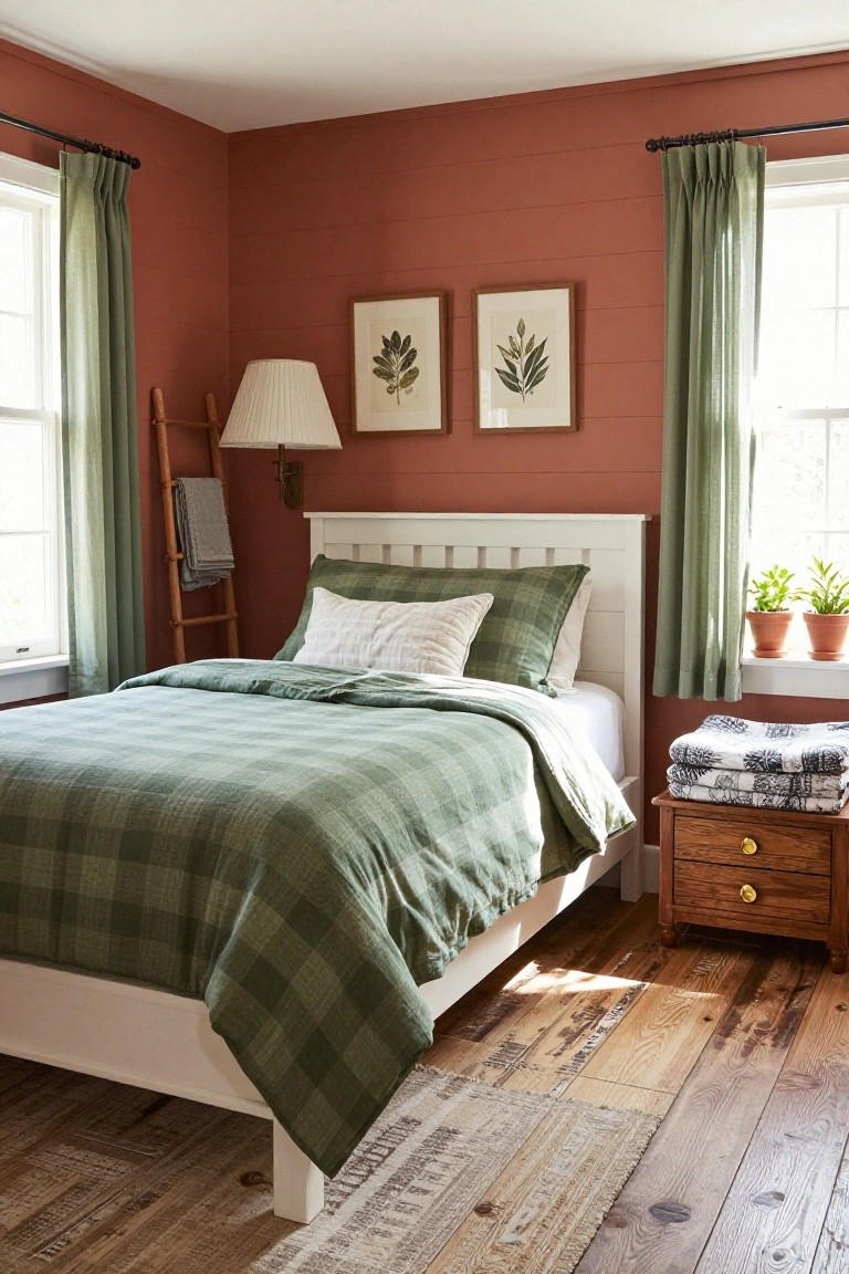 Corner bedroom with terracotta shiplap walls, white wooden bed frame topped with green plaid quilt and pillows, green curtains on two windows, ladder holding gray towels, lamp on wall, two framed leaf prints, wooden nightstand with folded quilts, potted plants on windowsill, and hardwood floors with woven rug.