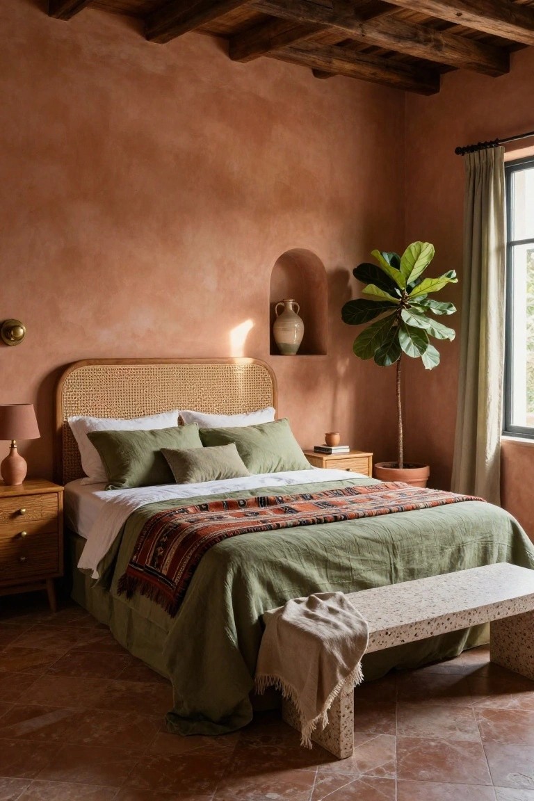 Bedroom interior with textured terracotta plaster walls, wooden beam ceiling, rattan headboard bed dressed in white sheets green pillows and quilt with woven throw, wooden nightstands with lamps, arched niche with vase, potted fiddle leaf fig plant near window with beige curtains, and terracotta tile floor with stone bench at bed foot.