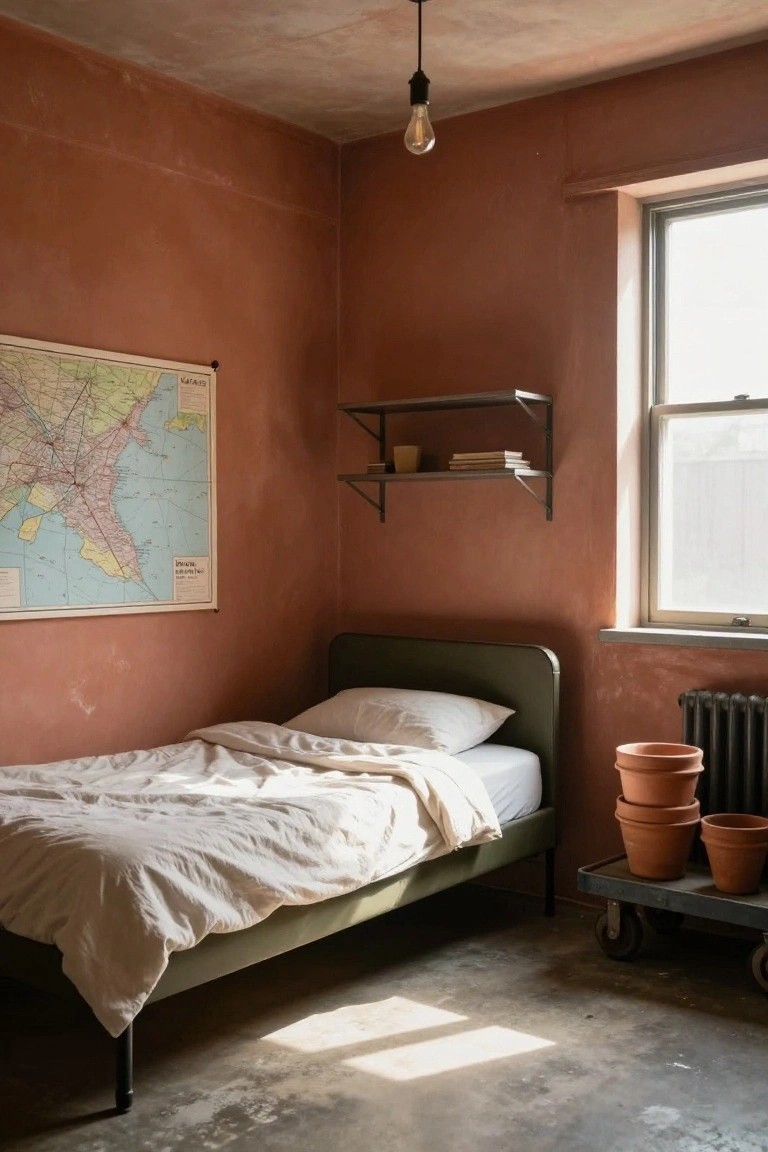 Small bedroom with terracotta plaster walls, olive green metal bed frame topped with white sheets and pillows, world map poster, metal wall shelves holding books and a pot, stacked terracotta plant pots on a trolley beside a radiator, pendant bulb light, concrete floor, and window with sunlight.