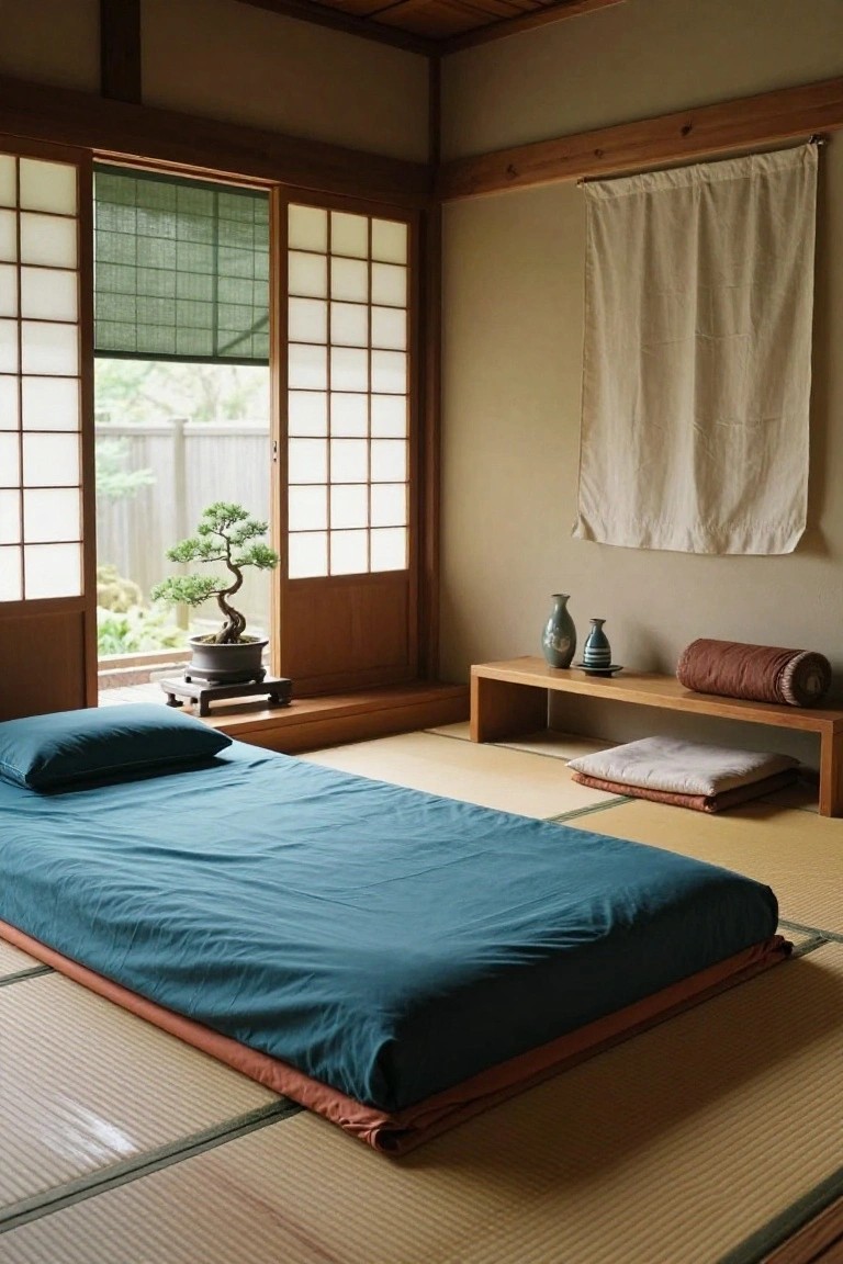Japanese-style bedroom interior featuring tatami mat flooring, low teal futon bed with pillow, bonsai tree on stand by shoji screen window, wooden bench with ceramic vases and rolled cushion.