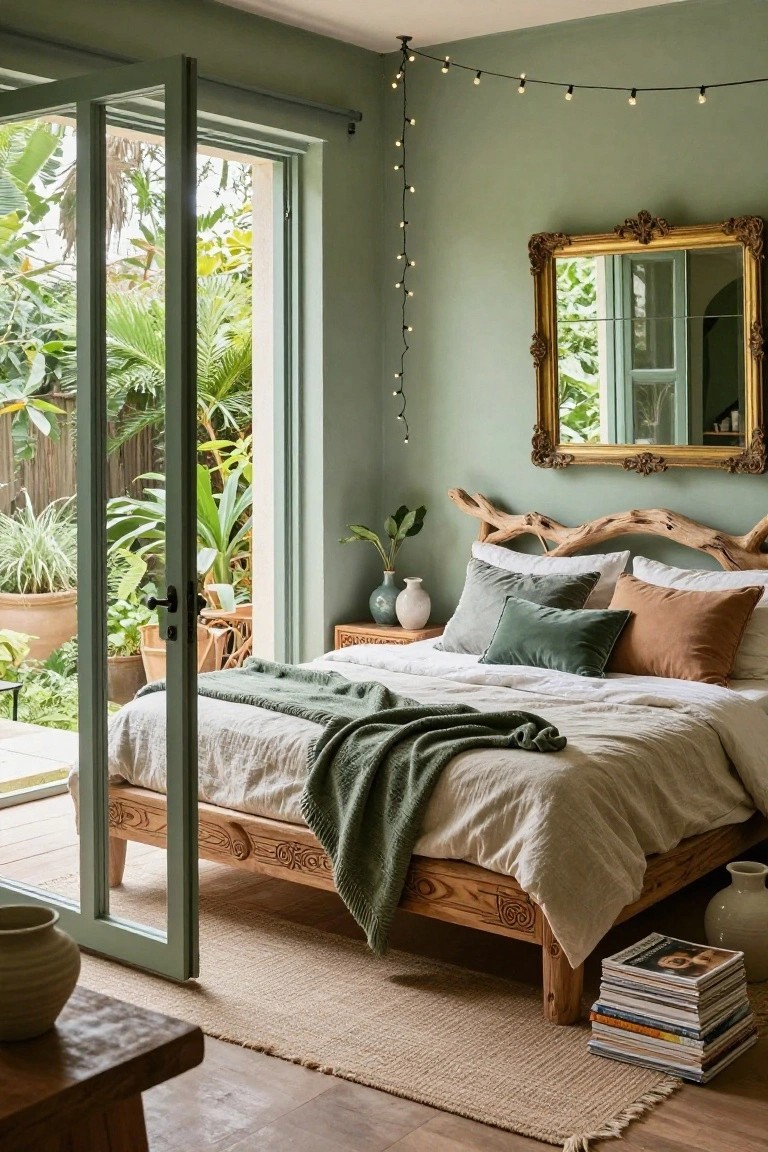 Sage green bedroom with wooden carved bed frame, driftwood headboard, white and green bedding, open glass sliding doors to lush tropical garden, string lights, gold ornate mirror, potted plants, and stacked magazines on floor.
