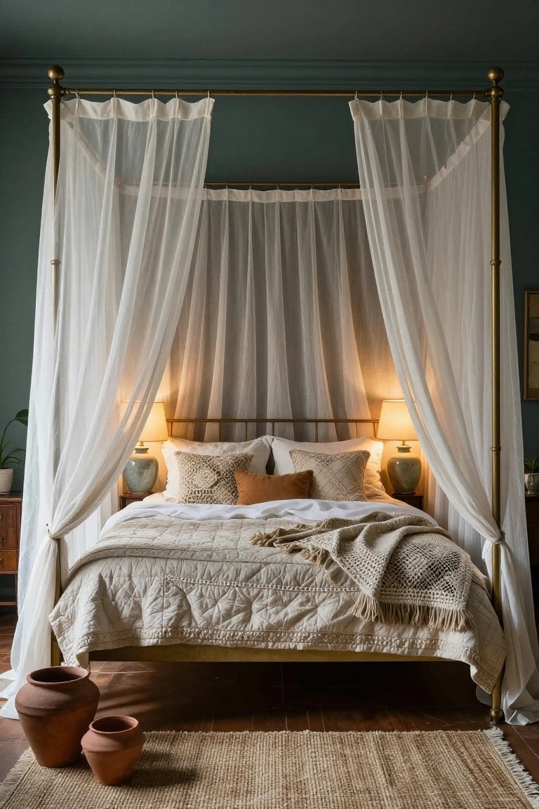 Bedroom interior with brass four-poster bed frame draped in white sheer curtains, neutral quilted bedding with textured pillows, ceramic lamps on wooden nightstands, potted plants, and terracotta vases on seagrass rug against deep green walls and wood floor.