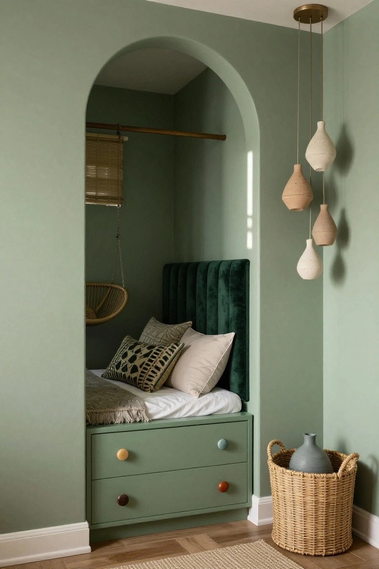 Sage green bedroom with an arched alcove containing a built-in bed on a green velvet headboard, patterned pillows, throw blanket, drawers below, hanging rattan chair, bamboo blinds on a rod, terracotta pendant lights, woven basket with vase on wood floor.