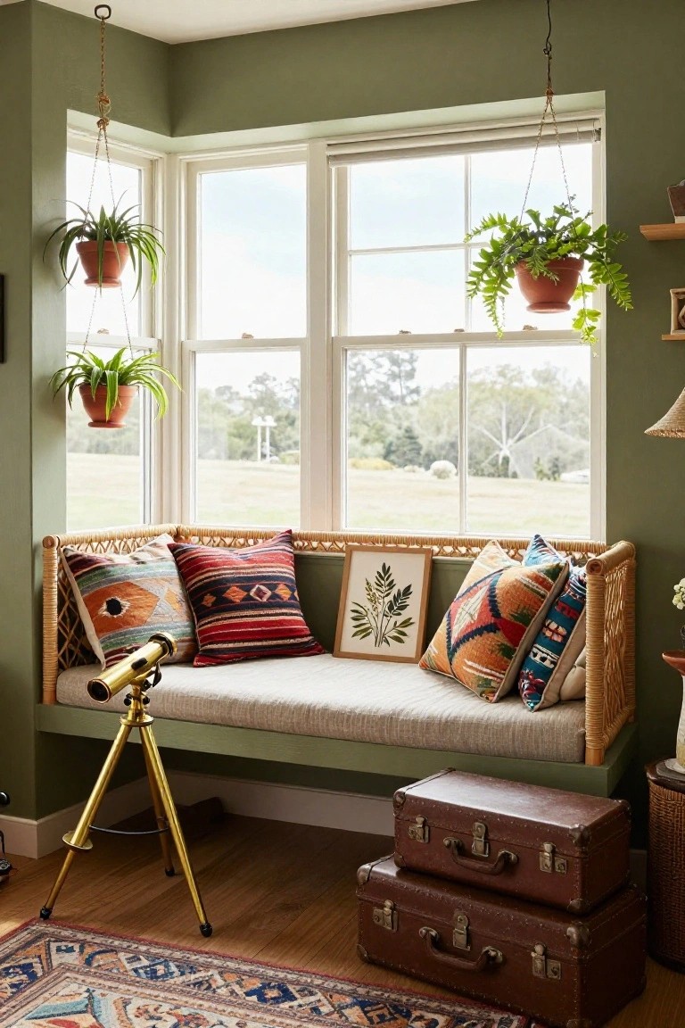 Sage green room corner with rattan window seat bench covered in colorful patterned pillows, brass telescope on tripod nearby, hanging and potted plants, vintage suitcases stacked on wooden floor, patterned rug, and view of green landscape through windows.