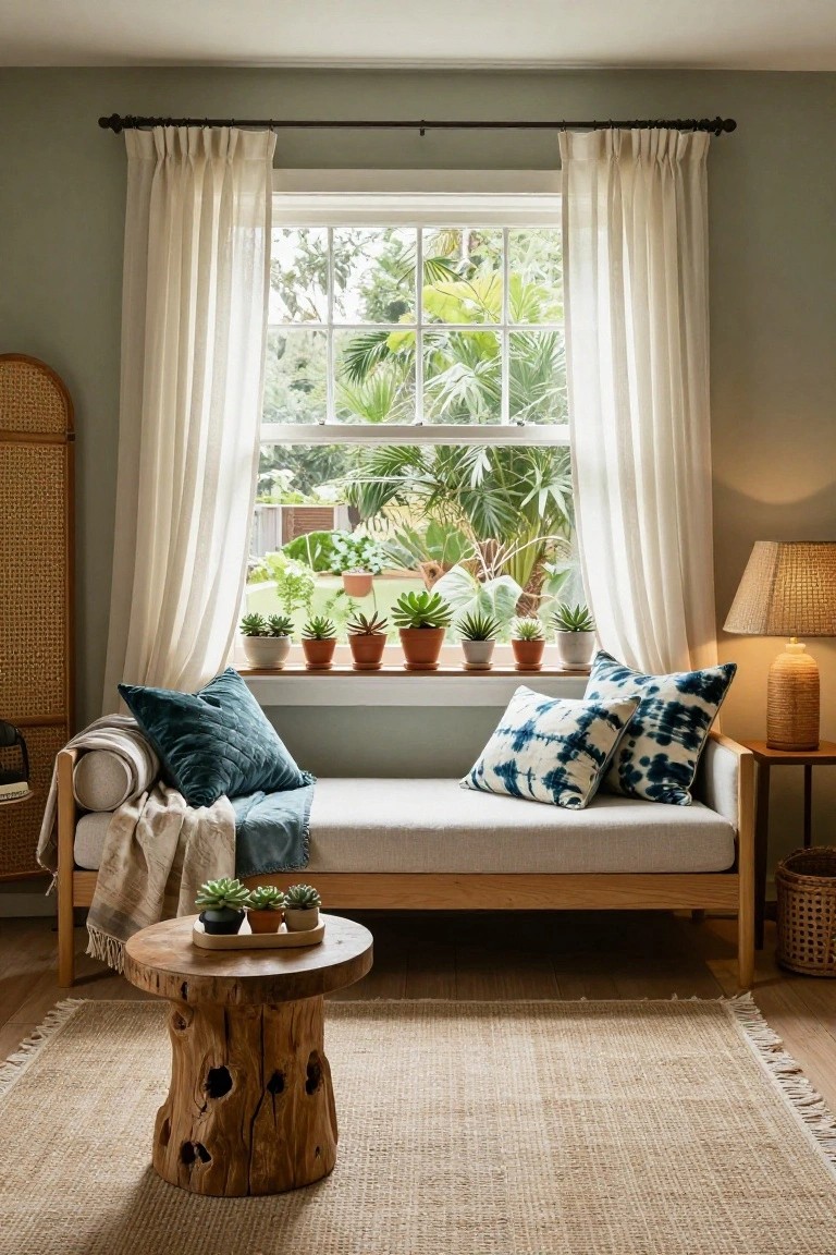 Light-filled interior room with a low white daybed covered in teal velvet pillows, indigo patterned pillows, and a cream throw under a large multi-pane window with sheer white curtains and multiple potted succulents and green plants on the sill, next to a wooden stump side table and rattan elements on a seagrass rug.