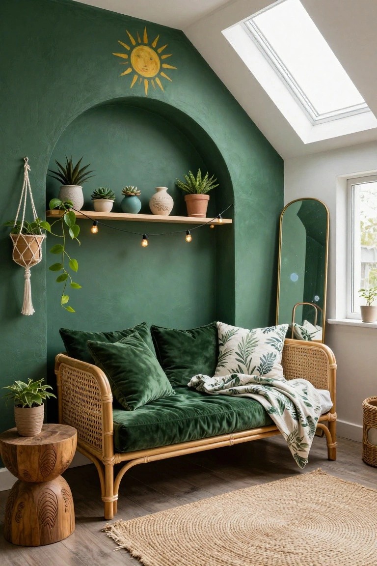 Textured emerald green arched wall alcove with wooden shelves holding potted succulents and ferns, hanging plants, string lights, gold full-length mirror, rattan daybed with green velvet cushions and patterned pillows, wood stool, and seagrass rug in a bedroom.