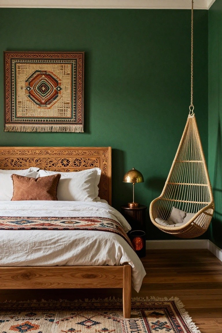 Bedroom with deep green walls, carved wooden headboard on bed with white bedding and patterned throw, brass lamp on side table, hanging rattan swing chair with cushion, woven wall art, and patterned rug on wood floor.