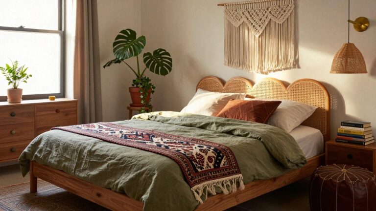 Bedroom with heart-shaped rattan headboard on wooden bed frame covered in sage green linens, monstera plant in terracotta pot, wooden dresser, macrame wall hanging, potted ferns, layered patterned rugs, and leather pouf on light wood floor.