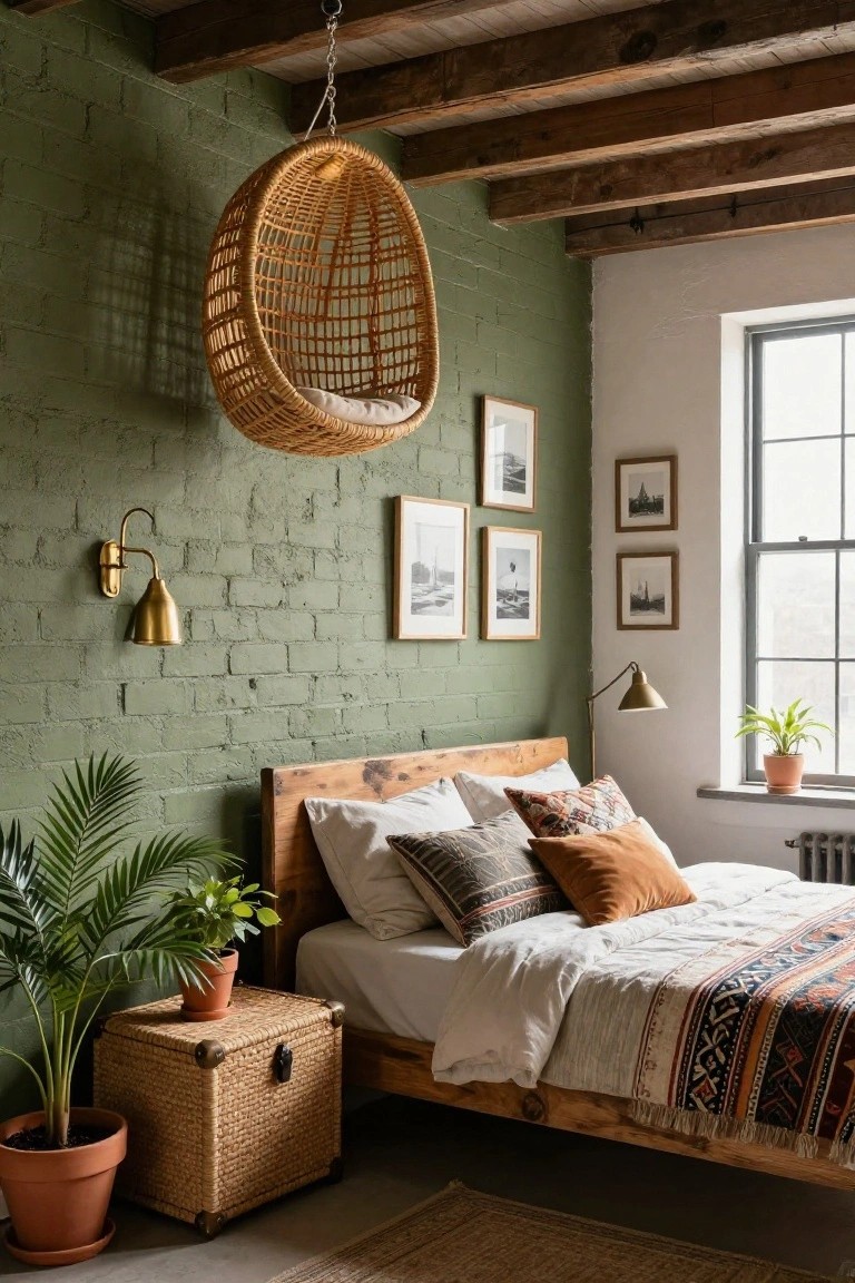 Bedroom interior with sage green exposed brick walls, wooden platform bed with white sheets and patterned pillows, hanging rattan egg chair, potted plants, woven side table, and wooden ceiling beams.