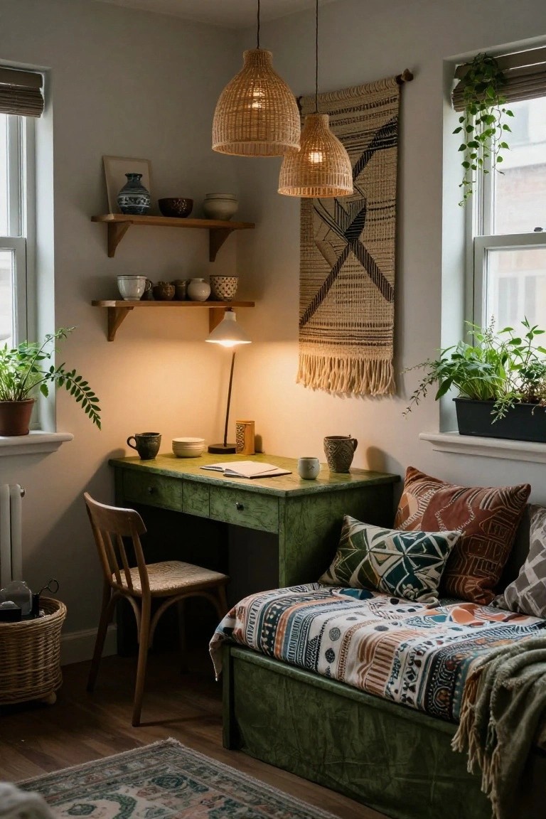 Small bedroom corner with green velvet daybed covered in colorful patterned bedding and throw, adjacent green desk with wooden chair, shelves holding ceramics and plants, woven pendant lights, and window plants.