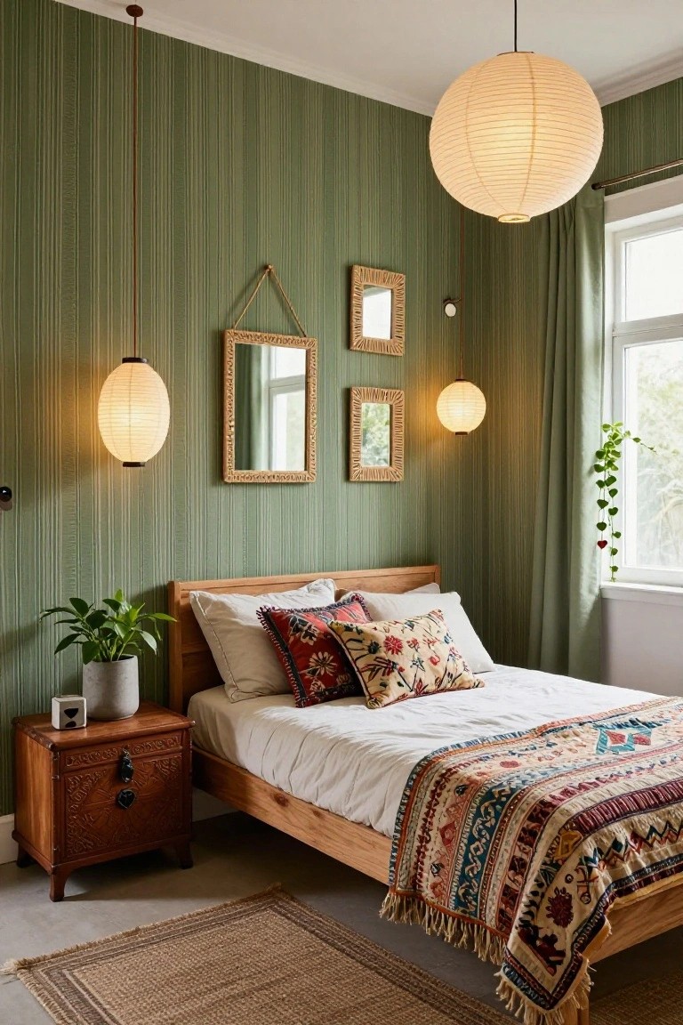 Bedroom with vertical green striped wallpaper, wooden bed topped with white sheets and multicolored patterned quilt and pillows, hanging paper lanterns, rattan-framed mirrors on wall, carved wooden nightstand with plant and speaker, seagrass rug on floor.
