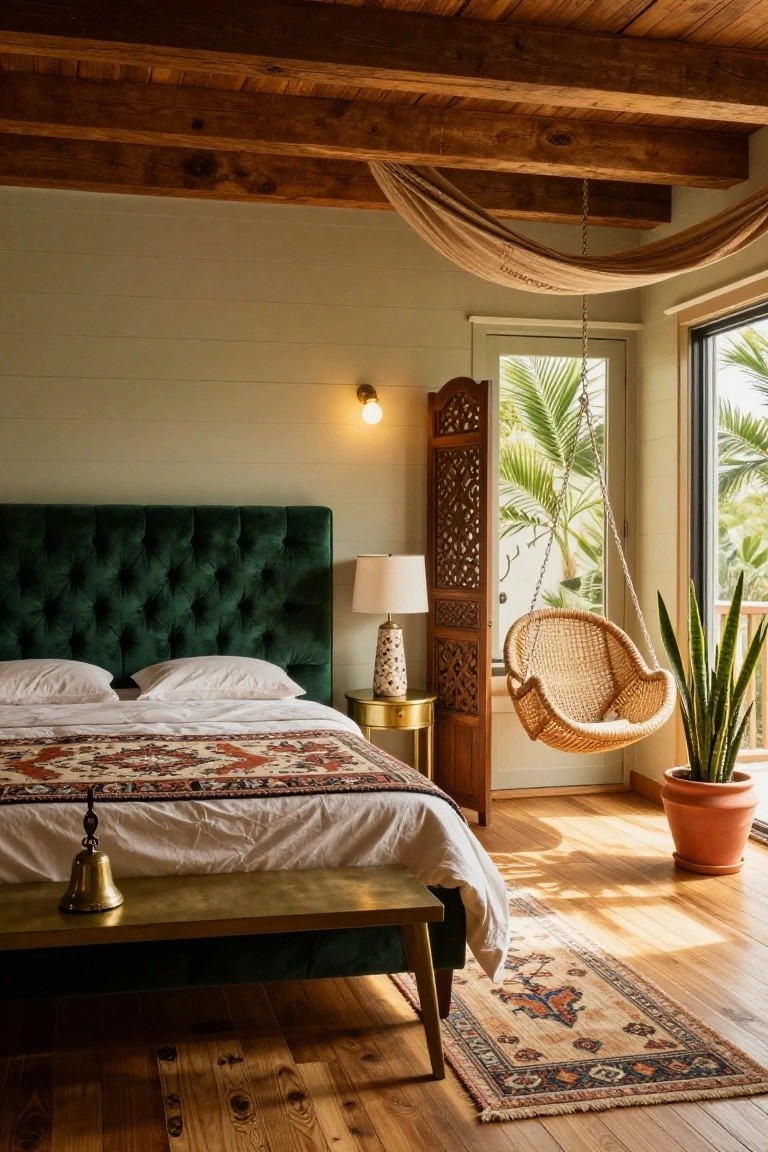 Bedroom interior with emerald green tufted upholstered headboard on a bed with white sheets and patterned rug, brass bench, lamp on gold table, carved wood screen, hanging wicker chair with snake plant, and window view of palm trees.