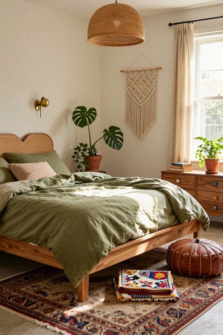 Bedroom with heart-shaped rattan headboard on wooden bed frame covered in sage green linens, monstera plant in terracotta pot, wooden dresser, macrame wall hanging, potted ferns, layered patterned rugs, and leather pouf on light wood floor.