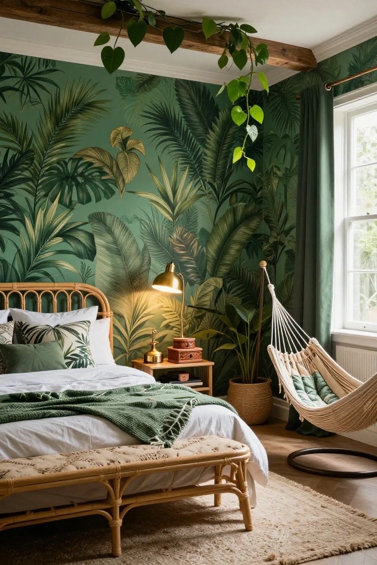 Bedroom with emerald green tropical leaf wallpaper on walls, rattan bed frame and bench, green pillows and throw, hanging hammock chair, potted plants, brass lamp, and exposed wooden beams.