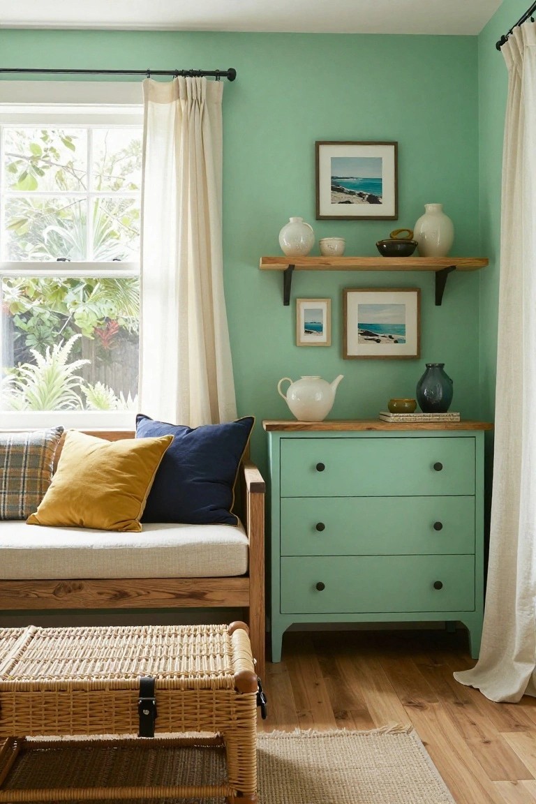 Cozy bedroom interior with mint green walls and dresser, wooden sofa topped with plaid, mustard, and navy pillows, floating wooden shelves holding white and blue pottery, and sheer curtains at a window with tropical plants outside.