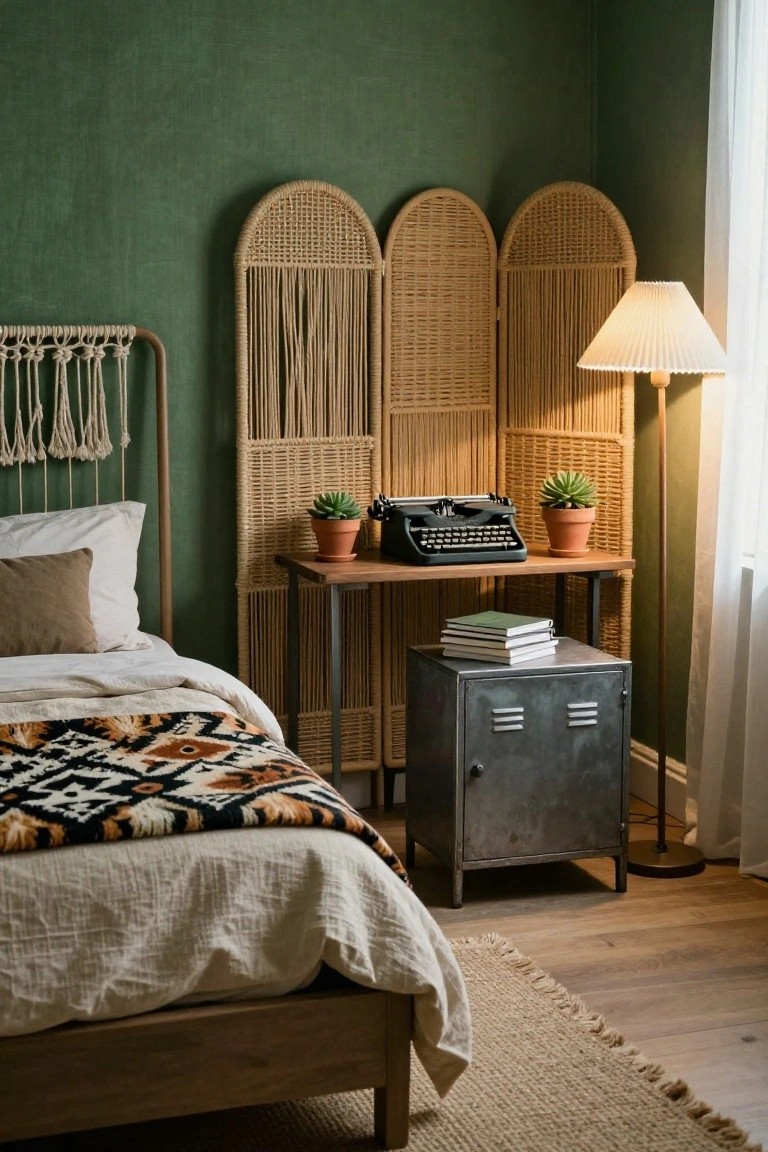 Emerald green bedroom wall with three tall rattan folding screens behind a wooden desk topped with a black typewriter, two potted succulents, and stacked notebooks, beside a bed with macrame canopy and a metal locker cabinet.