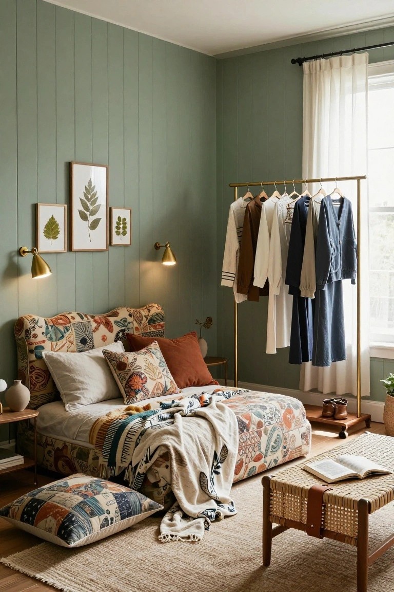 Bedroom with sage green vertical paneled walls, patterned upholstered bed platform, gold open clothing rack holding various garments, brass wall sconces with leaf prints, and scattered plants on wood furniture.