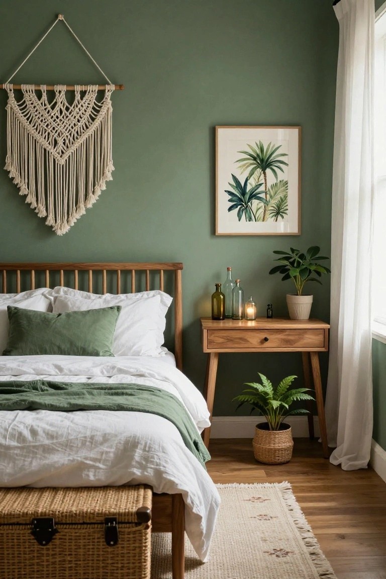 Bedroom with sage green walls, wooden bed frame and nightstand, white and green bedding, macrame wall hanging, framed tropical plant artwork, potted plants, glass bottles and candle on nightstand, white curtains at window, woven basket at bed foot, and light wood floor with rug.