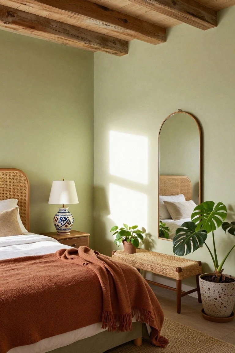 Bedroom interior with sage green walls, rattan headboard bed draped in orange throw, wooden nightstand with blue-and-white lamp, potted monstera and other plants, arched wood mirror, rattan bench, and exposed wooden ceiling beams.
