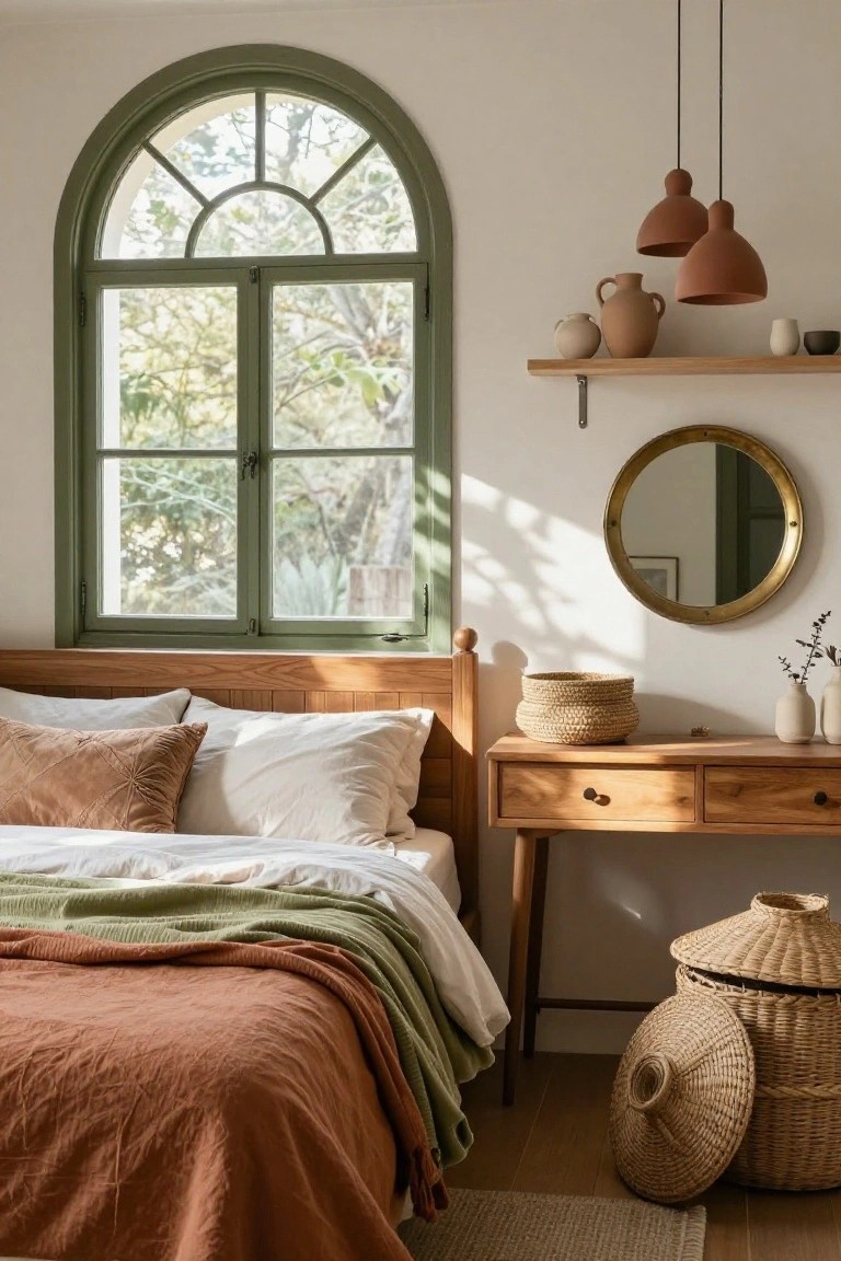 Bedroom with arched window framed in sage green overlooking trees and plants, wooden bed with white and earth-toned linens and pillows, terracotta pendant lights, wooden dresser, wicker baskets, and shelves with ceramic pots on hardwood floor.