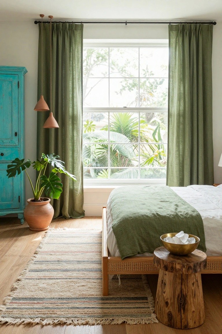 Bedroom interior featuring sheer green linen curtains on a large window overlooking palm trees and garden, turquoise painted cabinet beside a potted monstera plant, platform bed with green duvet and white sheets, rattan and wood bedside stool holding a brass bowl of ice, and striped rug on hardwood floor.