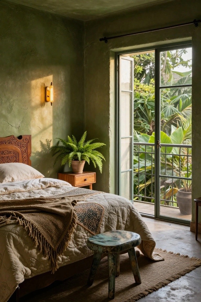 A bedroom featuring textured green walls, a carved wooden headboard bed with white sheets, beige quilt, brown fringed throw, wooden nightstand with fern plant, open glass doors to lush green tropical foliage and balcony, turquoise stool, and seagrass rug on concrete floor.