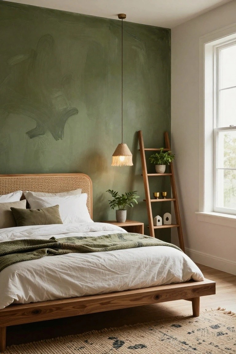 Bedroom corner featuring a sage green textured accent wall, wooden platform bed with rattan headboard and white bedding topped by a green throw, ladder shelf with plants and gold cups, pendant light, and window.