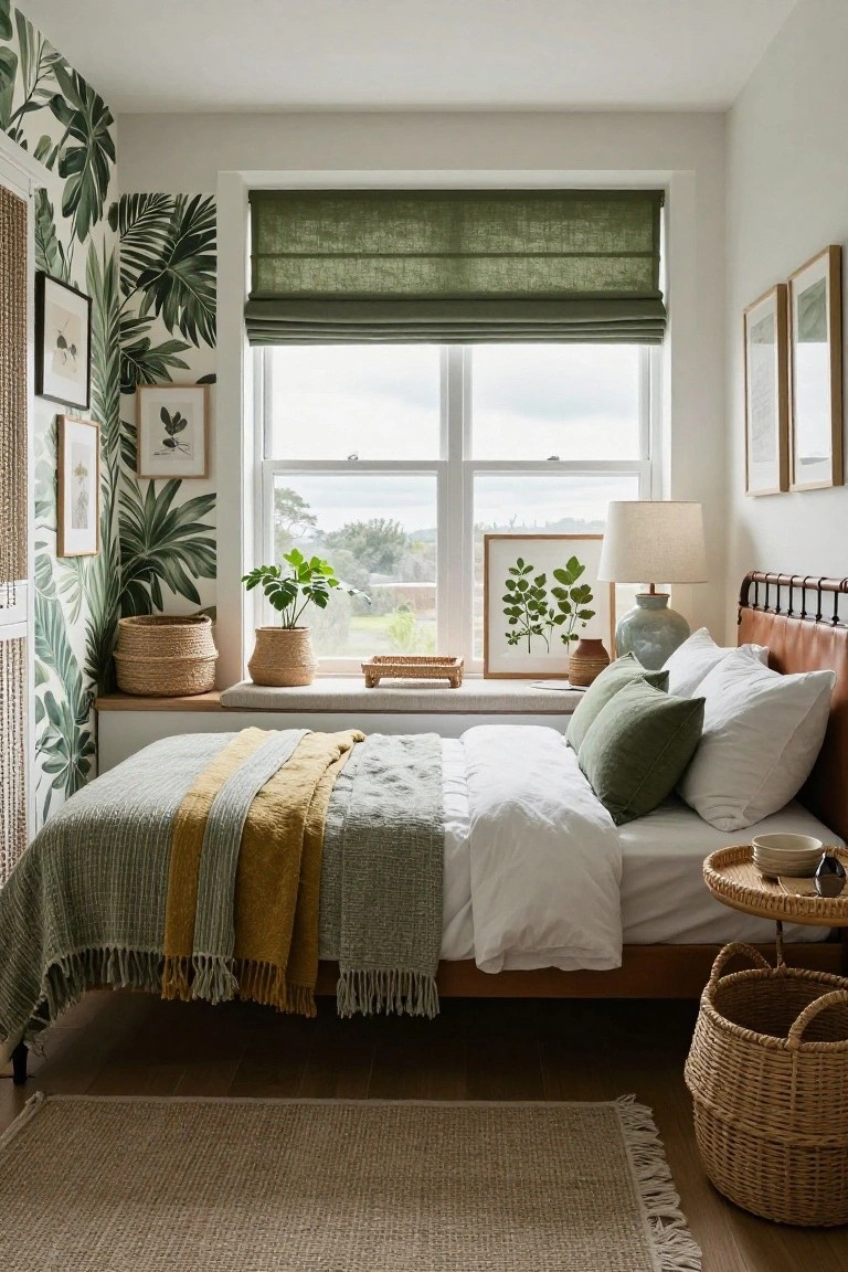 Bedroom with green tropical leaf wallpaper on one wall, wooden bed frame with green and neutral bedding and pillows, green roman shades on windows, plants and ceramics on windowsill, rattan baskets, and beige rug on wood floor.