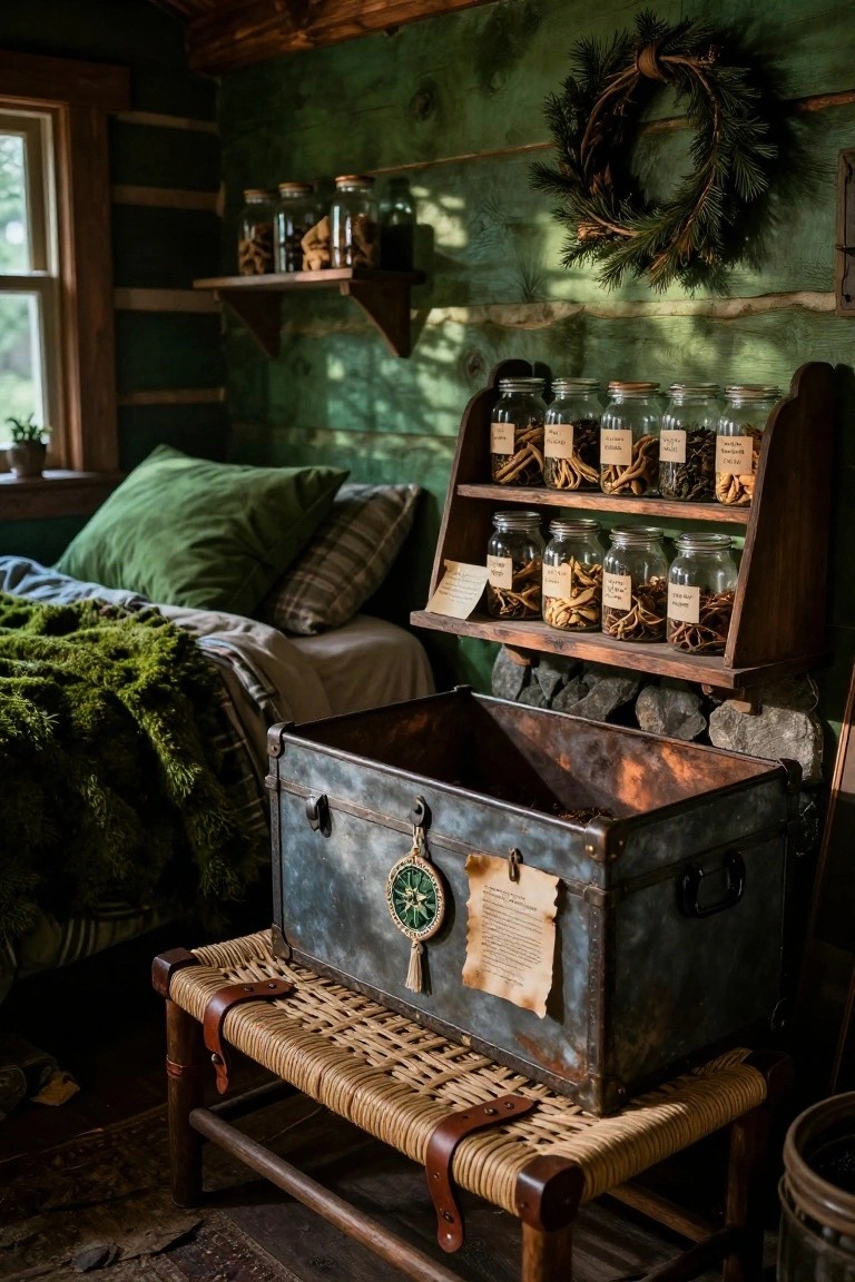 A green-walled log cabin bedroom with wooden wall shelves holding glass jars of labeled dried herbs and roots, a bed draped in mossy green blankets, and an open rustic metal trunk beside a wicker bench.