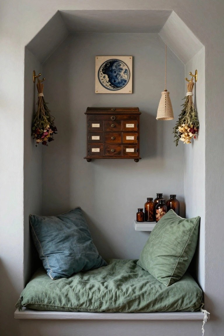 Arched gray interior alcove with green cushioned bench seat, flanked by hanging dried herbs and flowers on gold hooks, wooden apothecary cabinet centered above, glass bottles on shelf, and blue moon plate artwork.
