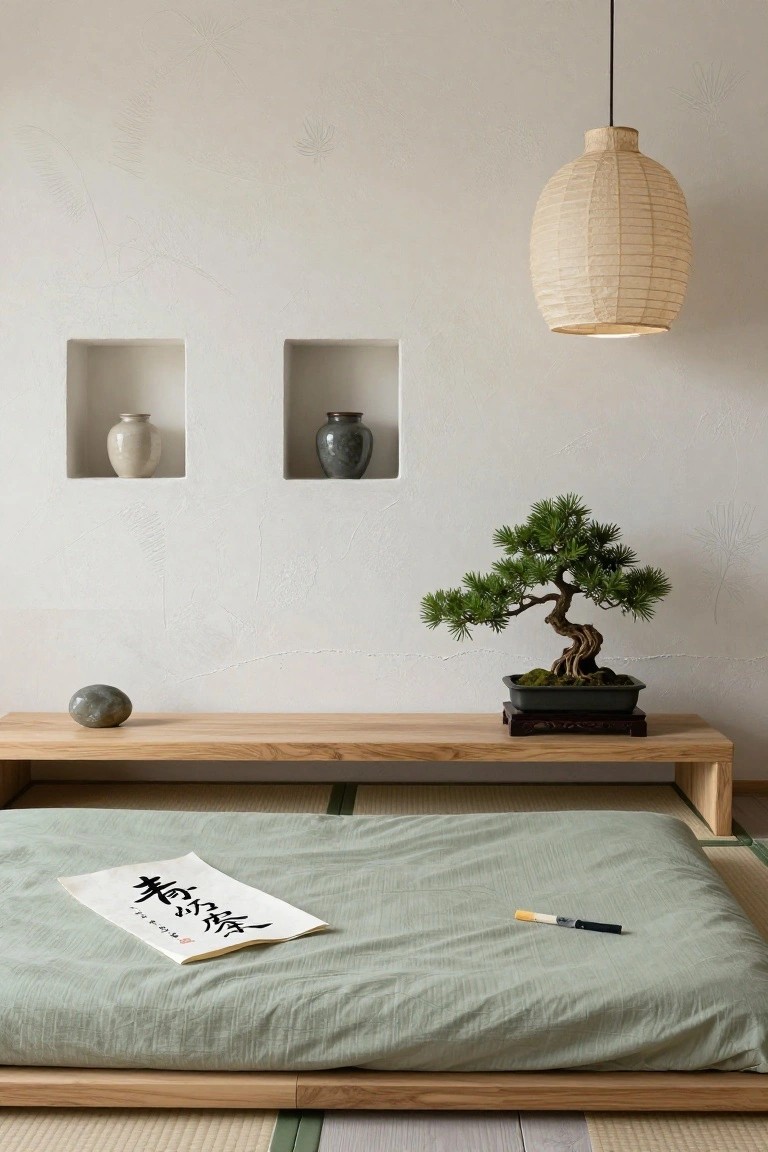 Minimalist bedroom with light green futon bed holding a paper scroll and pen, low wooden table beside it with gray stone and black potted bonsai tree, wall niches with white and gray vases, hanging beige paper lantern, and light walls.